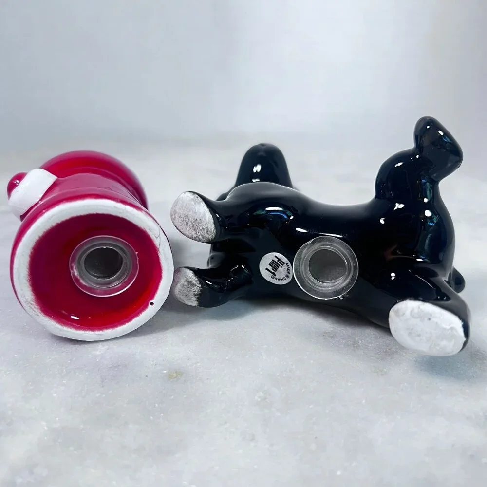 Pier One Black Dog‎ Urinating on Red Fire Hydrant Ceramic Salt & Pepper Shakers